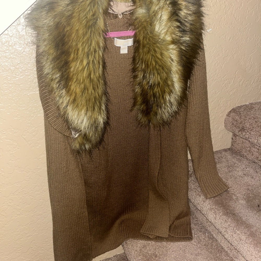 Michael Kors • Brown Cardigan with Faux Fur Collar